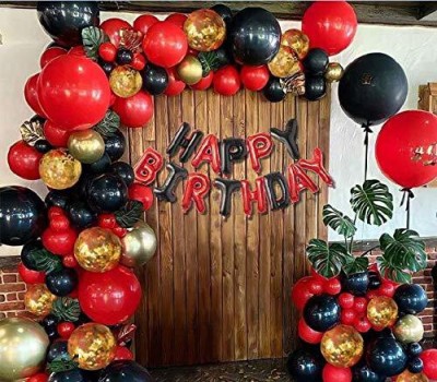 Wisdom Decor Solid Happy Birthday Decoration Special Royal Combo Kit Of Red Black Theme Total 68 Pcs-Red Black HBD Foil(13)+Golden Confetti Balloons(5)+Metallic Balloons Red(30)+Black(20) For Party Decoration Balloon(Multicolor, Pack of 67)