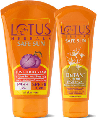 LOTUS HERBALS Safe Sun Combo ( Safe Sun Block Cream SPF 30 PA++ _ 100 gm + Detan After-Sun Face Pack_ 100 gm )(2 Items in the set)