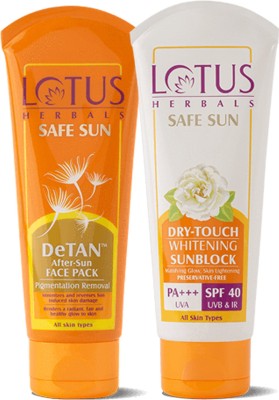 LOTUS HERBALS Safe Sun Combo ( Detan After-Sun Face Pack_ 100 gm + Dry-Touch Whitening Sunblock SPF 40_ 100gm )(2 Items in the set)