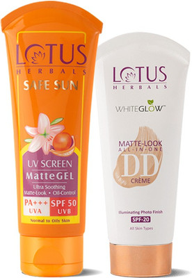 LOTUS HERBALS Safe Sun Combo ( UV Screen Matte Gel SPF - 50_ 100 gm + Matte Look All in One DD Crème _ 50 gm )(2 Items in the set) LOTUS HERBALS Safe Sun Combo ( UV Screen Matte Gel SPF - 50_ 100 gm + Matte Look All in One DD Crème _ 50 gm )(2 Items in the set)
