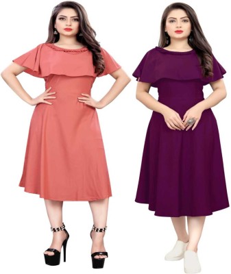 Kinjo Women Fit and Flare Pink, Purple Dress