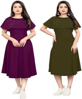 Kinjo Women Fit and Flare Purple, Green Dress