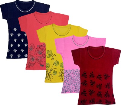 KAYU Girls Floral Print Cotton Blend T Shirt(Multicolor, Pack of 5)