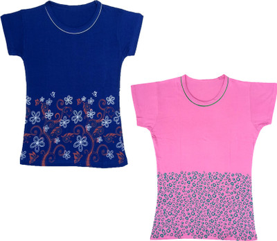 Indistar Girls Floral Print Cotton Blend Regular T Shirt(Blue, Pack of 2)