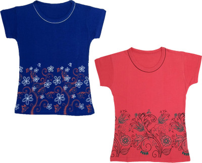 Indistar Girls Floral Print Cotton Blend Regular T Shirt(Blue, Pack of 2)