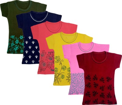 KAYU Girls Floral Print Cotton Blend T Shirt(Multicolor, Pack of 6)