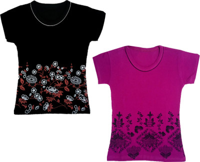 IndiWeaves Girls Printed Cotton Blend Regular T Shirt(Multicolor, Pack of 2)