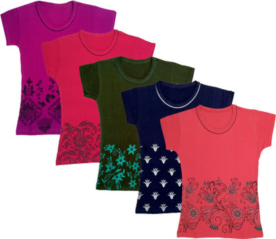 IndiWeaves Girls Printed Cotton Blend Regular T Shirt(Multicolor, Pack of 5)