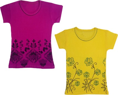 Indistar Girls Printed Cotton Blend Regular T Shirt(Multicolor, Pack of 2)