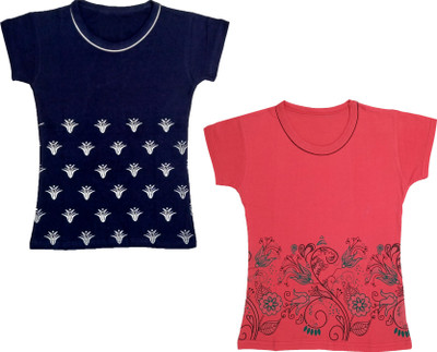 IndiWeaves Girls Floral Print Cotton Blend Regular T Shirt(Blue, Pack of 2)