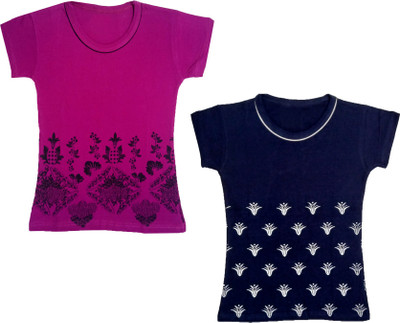 IndiWeaves Girls Printed Cotton Blend Regular T Shirt(Multicolor, Pack of 2)