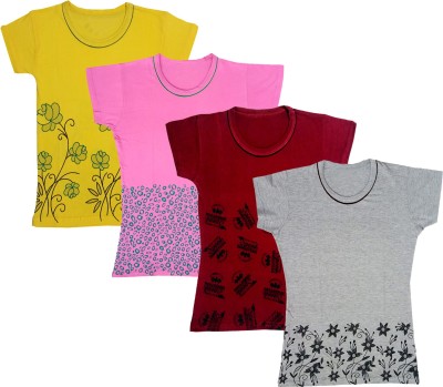 KAYU Girls Floral Print Cotton Blend T Shirt(Multicolor, Pack of 4)