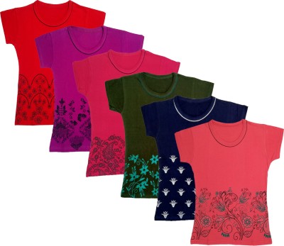 Indistar Girls Floral Print Cotton Blend T Shirt(Multicolor, Pack of 6)
