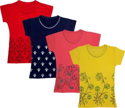 IndiWeaves Girls Floral Print Cotton Blend T Shirt(Multicolor, Pack of 4)