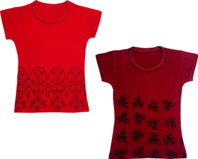 IndiWeaves Girls Floral Print Cotton Blend Regular T Shirt(Maroon, Pack of 2)