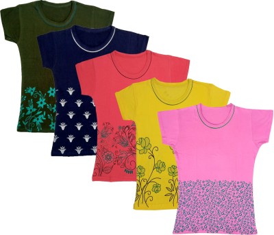 KAYU Girls Floral Print Cotton Blend T Shirt(Multicolor, Pack of 5)
