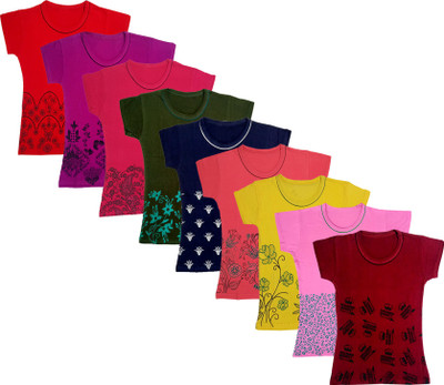 Indistar Girls Printed Cotton Blend Regular T Shirt(Multicolor, Pack of 9)