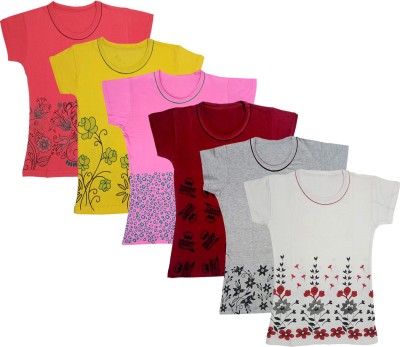IndiWeaves Girls Floral Print Cotton Blend T Shirt(Multicolor, Pack of 6)