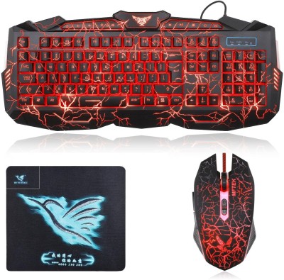MFTEK Gaming Keyboard and Mouse Combo, Crack 3 Colors LED Backlit USB Wired Keyboard, Programmable 7 Button Lighted Gaming Mouse +Mouse Pad for Computer PC Gamer Combo Set(Multicolor)
