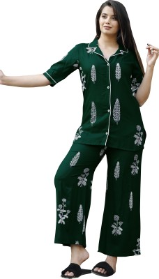DAMMODE Women Printed Green Shirt & Pyjama set