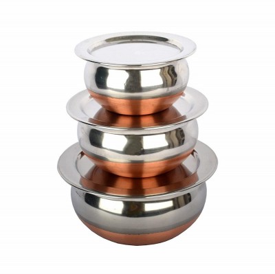 Strobine Perfect Copper Handi Set for Everyday Use sabzi or heat leftover curries from the previous day, the 3-piece copper handi set With Lid (Thakkan), Prabhu Chetty, Curved Copper Plate at Bottom, Best Quality Stainless Steel Copper Bottom 3 Pic Handi Pot Set, Brown & Steel, 3 Pic Handi With Dhak