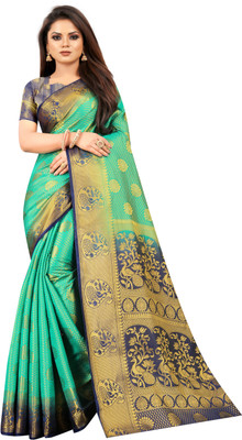 DHRUVIL TEXTILES Self Design Banarasi Cotton Silk Saree(Multicolor)