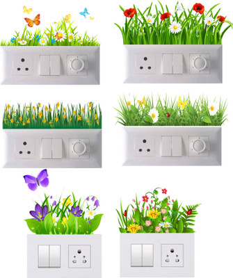 WallHunt 27 cm Green Grass Switch Stickers Self Adhesive Sticker(Pack of 6)