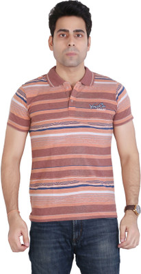 AWACK Striped Men Polo Neck Orange T-Shirt