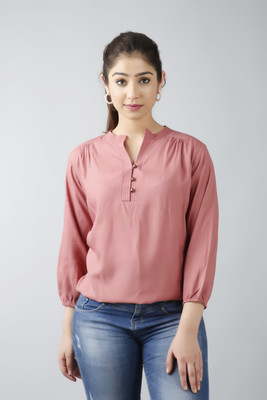 Fab Star Casual 3/4 Sleeve Solid Women Pink Top