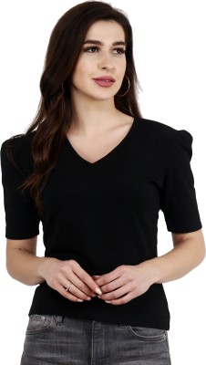 POPWINGS Casual Short Sleeve Solid Women Black Top