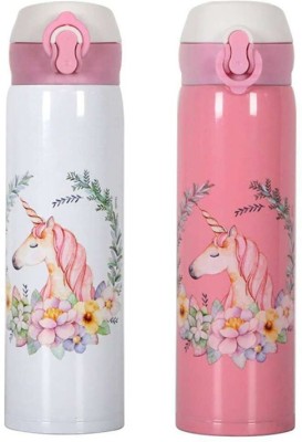 Johnnie Boy Unicorn pink Vacuum Lid Cup Stainless Steel Thermal Insulation Water Bottle 500 ml Bottle(Pack of 2, White, Pink, Steel)