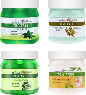 GEMBLUE BIOCARE Tea Tree Gel Scrub, Cream, Gel, and Mask, enriched with Tea Tree Extract,500ml each, COMBO KIT, PACK OF 4(4 Items in the set)