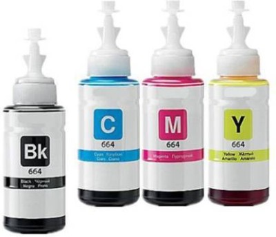 PTT Compatible Refill Ink for Epson T664 L130, L360, L380, L361, L565, L210, L220, L310, L350, L355, L365, L385, L405, L455, L485 Printers (Each Bottle 70ml) (PACK OF 4 COLORS BOTTLE C/Y/M/B COMBO SET) Black + Tri Color Combo Pack Ink Bottle