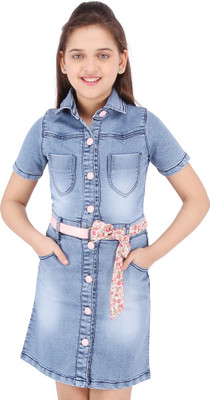 Cutecumber Girls Midi/Knee Length Casual Dress(Blue, Short Sleeve)