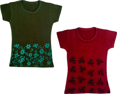 KAYU Girls Floral Print Cotton Blend Regular T Shirt(Green, Pack of 2)