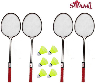 Swa Mi Double Shaft Badminton Racket Set Of 4 Piece With 6 Piece Plastic Shuttle Badminton Kit