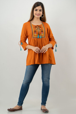 DMP EXPORT Party 3/4 Sleeve Embroidered Women Orange Top