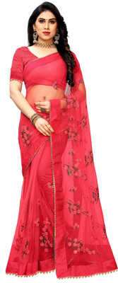 MYSTERY BOX Embroidered Bollywood Net Saree(Red)