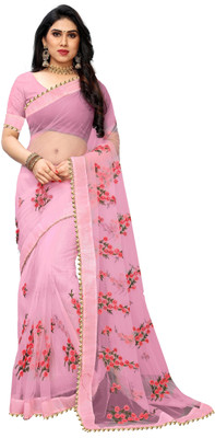 MYSTERY BOX Embroidered Bollywood Net Saree(Pink)
