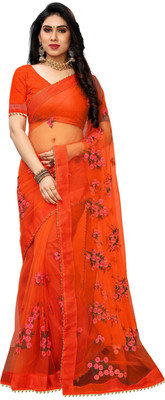 MYSTERY BOX Embroidered Bollywood Net Saree(Orange)