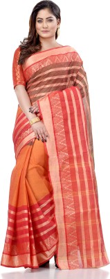 Desh Bidesh Temple Border Tant Handloom Pure Cotton Saree(Orange)
