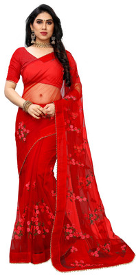 MYSTERY BOX Embroidered Bollywood Net Saree(Red)