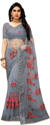 MYSTERY BOX Embroidered Bollywood Net Saree(Grey)