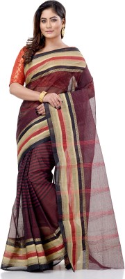 Desh Bidesh Striped Tant Handloom Pure Cotton Saree(Black)