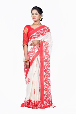 AngaShobha Printed Ikkat Pure Cotton Saree(White)