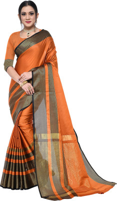 Classy Foriever Woven Handloom Cotton Silk Saree(Black, Orange)
