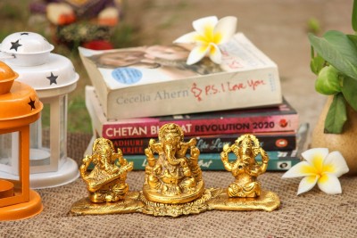 Crafticia Metal Musical Ganesh with Instrument Set on Leaf for Puja Ganesha Vastu Figurine (20X8X8 cm, Golden) Decorative Showpiece  -  8 cm(Aluminium, Gold)