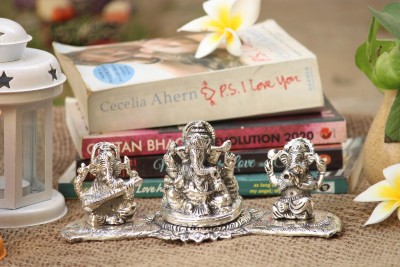 Articia Metal Musical Ganesh with Instrument Set on Leaf for Puja Ganesha Vastu Figurine (20X8X8 cm, Silver) Decorative Showpiece  -  8 cm(Aluminium, Silver)