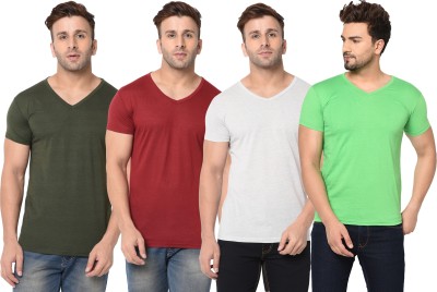 Tivy Solid Men V Neck Red, Green, White T-Shirt