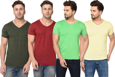 Jangoboy Solid Men V Neck Multicolor T-Shirt